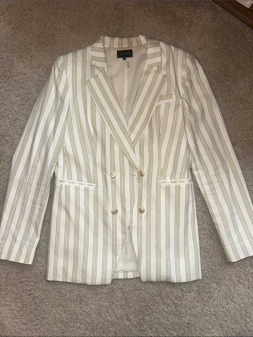 1. State Double-Breasted Blazer in White and Butter stripes / Women’s Small